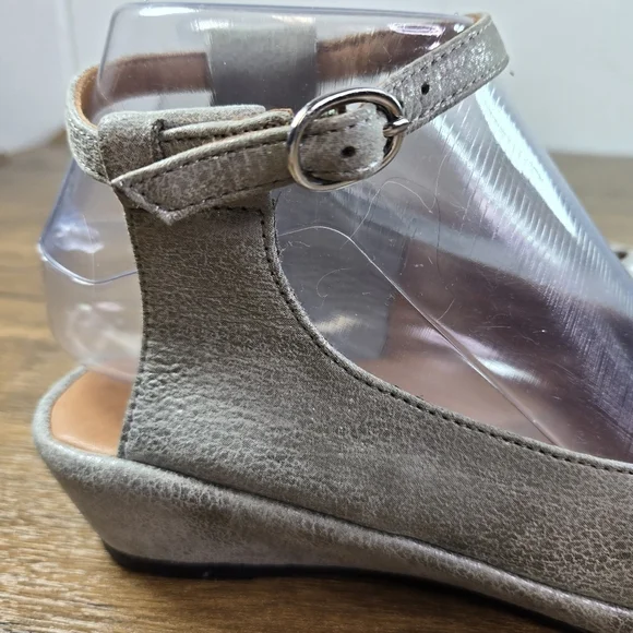 L'Amour Des Pieds Burgogne Gray Leather Slingback Wedge Sandals - Picture 9 of 12